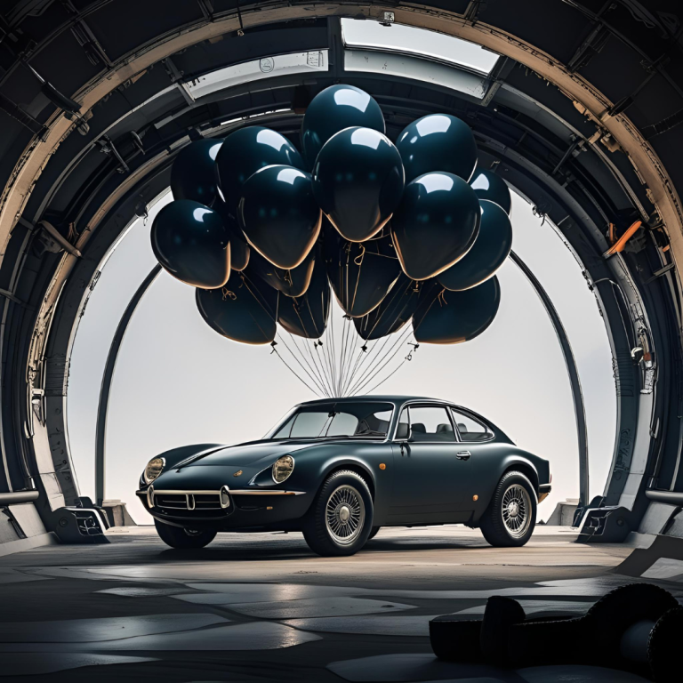 Ein klassisches Auto unter einem Ballonbündel in einem futuristischen Raum.
