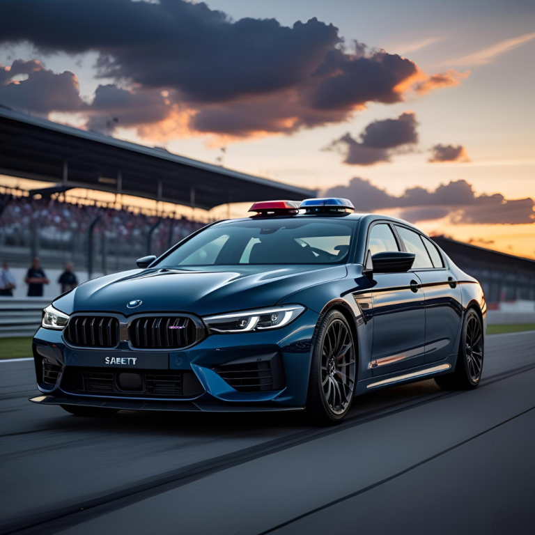 Dunkelblauer Polizei-BMW am Rennstrecken-Horizont bei Sonnenuntergang.