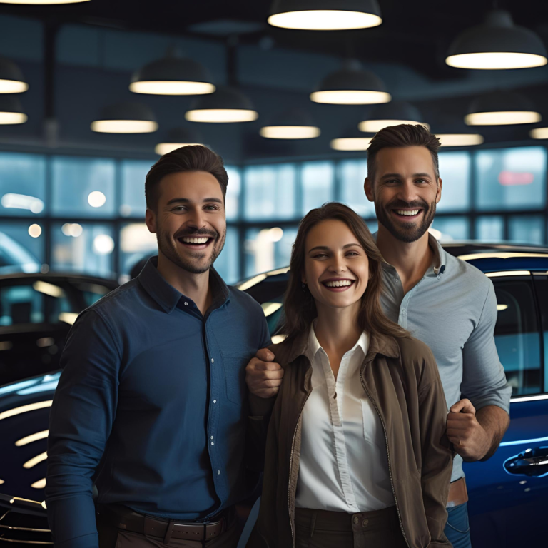 Drei lächelnde Personen stehen in einem Autohaus vor einem Fahrzeug.
